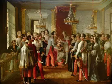 Josef Klaus (1812-1877): Korunovace císaře Františka Josefa I. v arcibiskupském paláci v Olomouci 2. prosince 1853. Olejomalba z roku 1853. – Vyobrazená scéna je fiktivní, císařská koruna a žezlo nebyly v Olomouci k dispozici, vlastní akt předání vlády se omezil na požehnání abdikujícího císaře jeho nástupci.